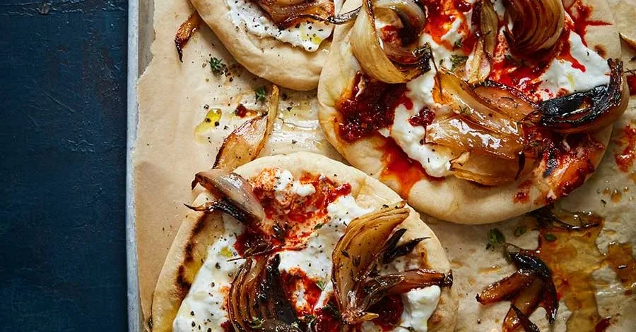 Charred onion whipped feta flatbreads