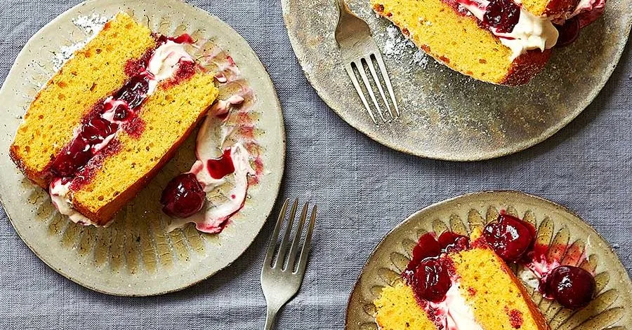 Cherry, Custard and Almond Sponge Cake