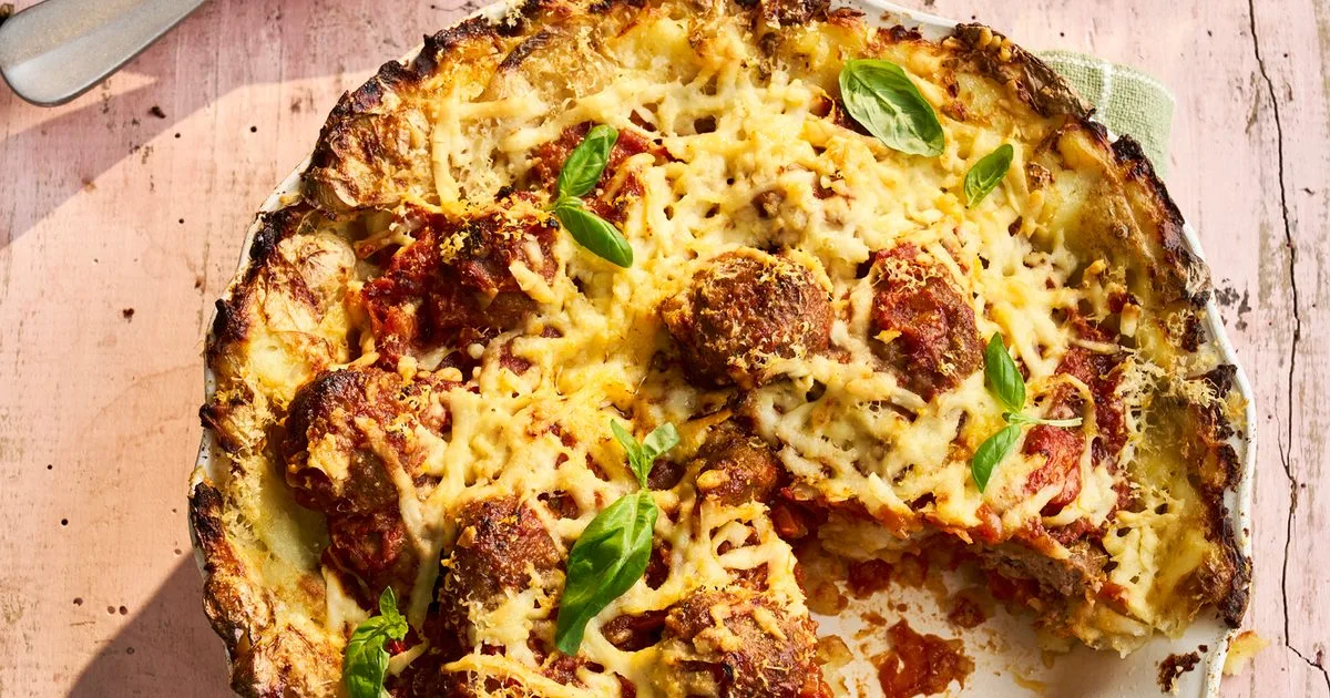 Cherry tomato meatball ragu with crispy baby potato crust