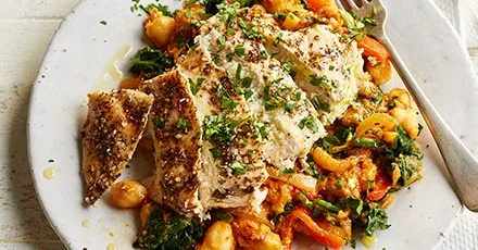 Chicken with crushed chickpeas in harissa