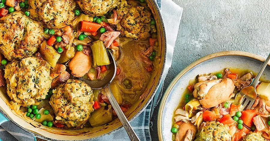 Chicken and ham casserole with mustard dumplings