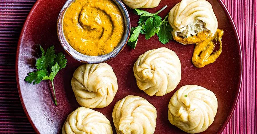 Chicken Momos with Nepali Roasted Tomato Chutney
