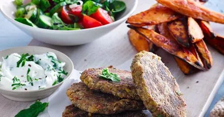 Chickpea and Nut Burgers with Sweet Potato Chips