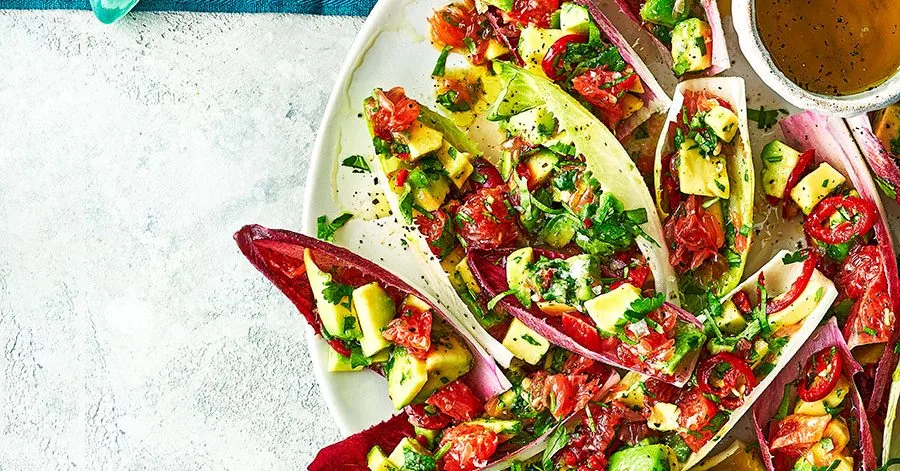 Chicory cups with avocado and pink grapefruit salsa
