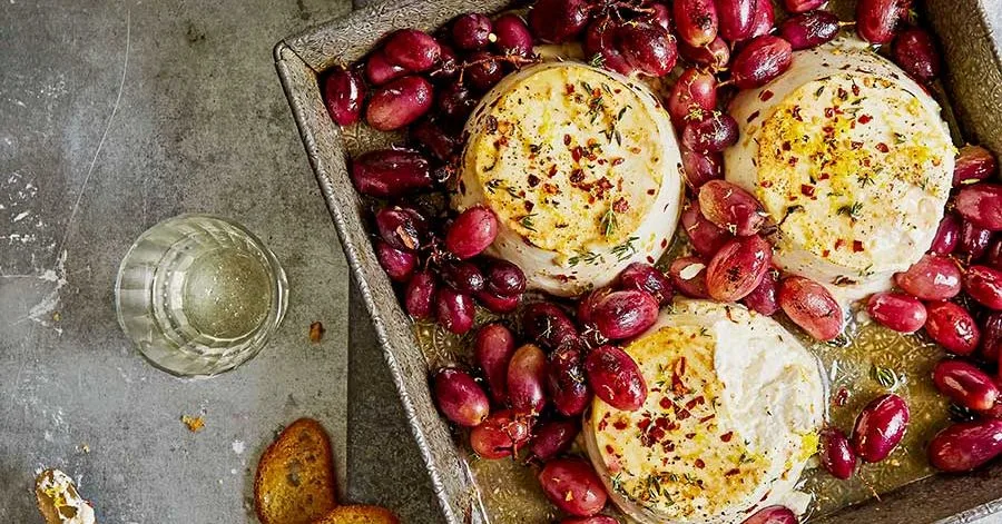 Chili and Honey Baked Ricotta with Grapes and Prosciutto