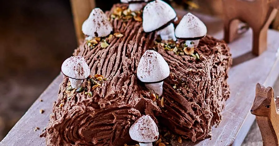 Chocolate Hazelnut Yule Log with Meringue Mushrooms