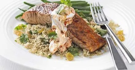 Cinnamon rubbed salmon with couscous & harissa yogurt