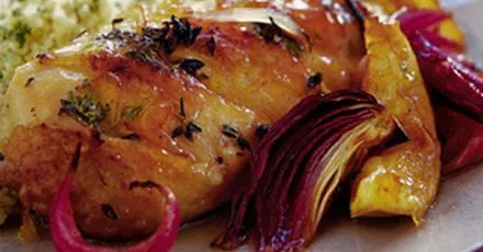 Citrus-spiked chicken with roasted red onions