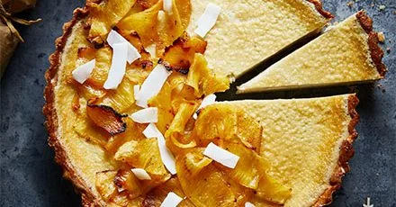 Coconut custard tart with roasted pineapple