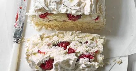 Coconut, raspberry & lime meringue slice