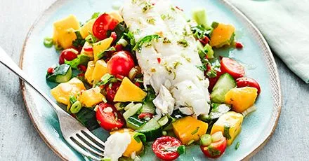 Cod with cucumber, avocado and mango salsa salad