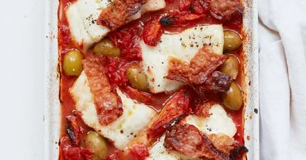 Cod with olives and crispy pancetta