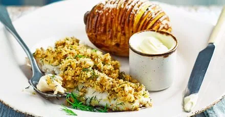 Cod with orange-dill crumb and hasselback potatoes