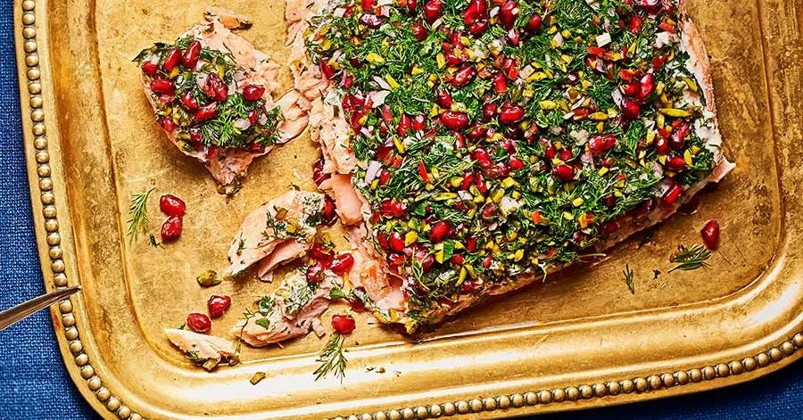 Confit salmon with tahini, pistachio and herb crust