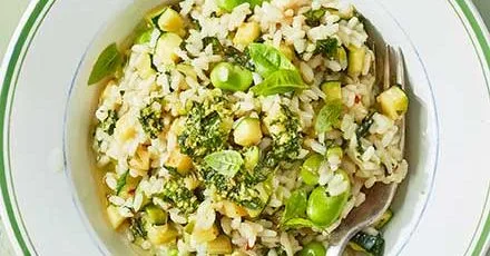 Zucchini and Broad Bean Risotto with Basil Pesto