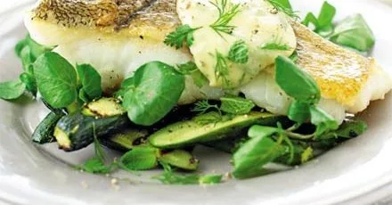 Courgette & watercress salad with grilled fish & herbed aïoli