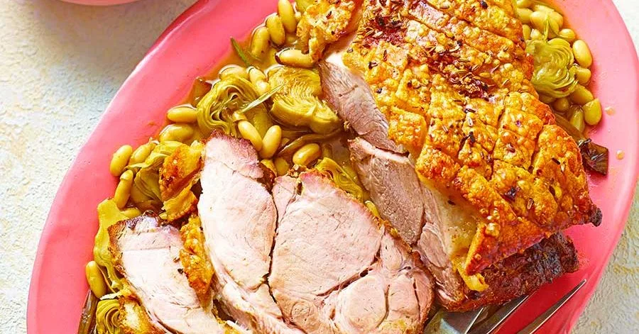 Crispy Roast Pork with Beans, Rosemary and Artichokes