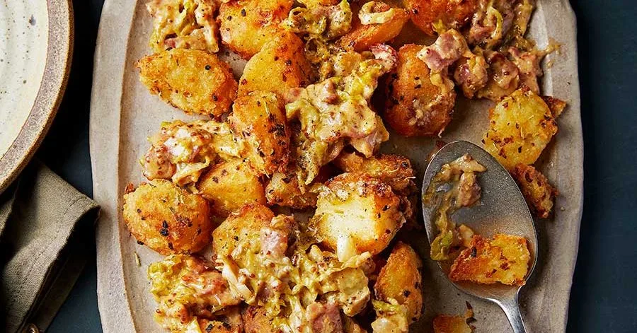 Creamy bacon and Brussels sprout topping on roasted potatoes