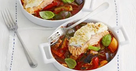 Creamy salmon with chunky ratatouille