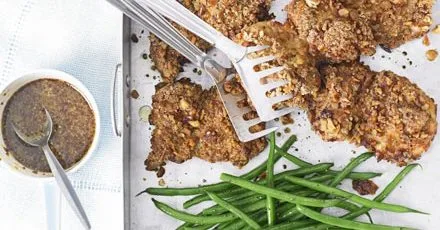 Crispy pretzel chicken with honey-mustard sauce