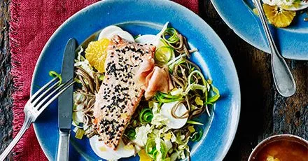 Crispy salmon with turnip, mandarin and noodle salad