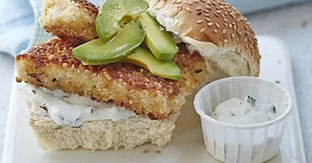 Crispy sesame fish burger with lime mayo