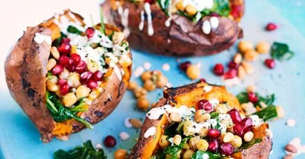 Crispy Sweet Potatoes with Chickpeas and Tahini Yogurt