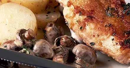Crispy thyme chicken with mushroom sauce