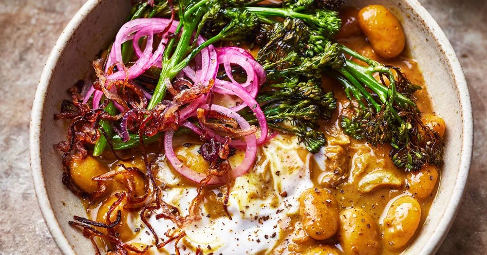 Curried butter beans with onions three ways