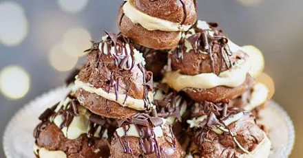Double chocolate profiteroles with salted caramel cream