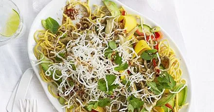 Double Thai noodle salad with smoked aubergine, mango & avocado