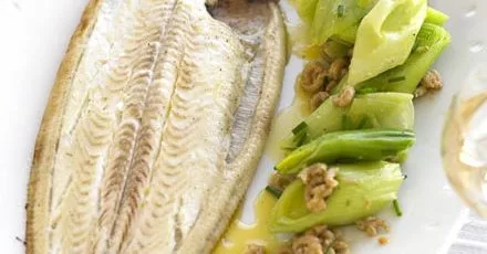 Dover sole with buttered leeks & shrimps