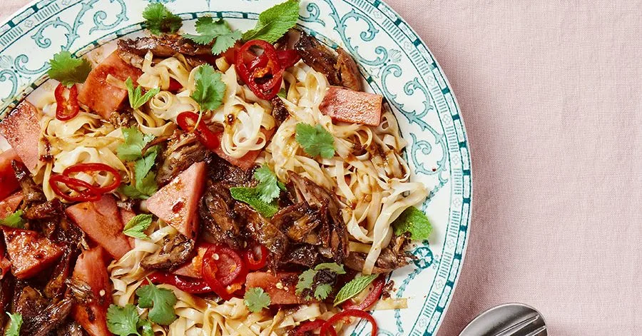 Duck leg and watermelon noodle salad