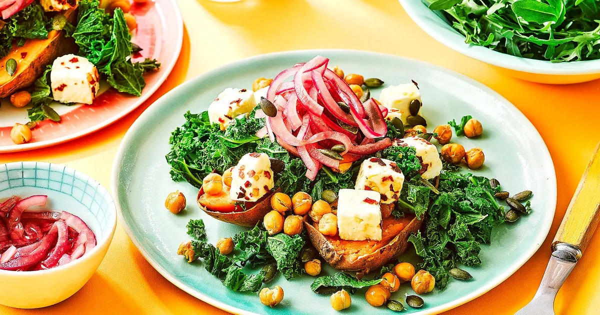 Sweet potato stuffed with feta and kale