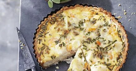 Fish pie tart with minted pea salad