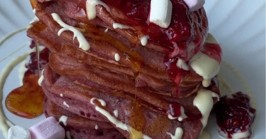Fluffy pink raspberry pancakes