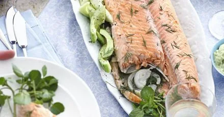 Foil-poached salmon with dill & avocado mayo