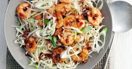 Garlic chilli prawns with sesame noodles