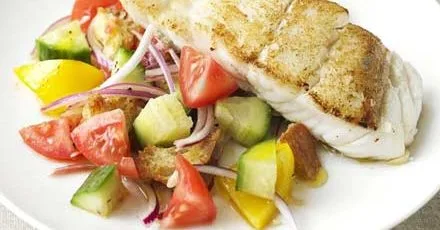 Gazpacho salad with crispy pollock