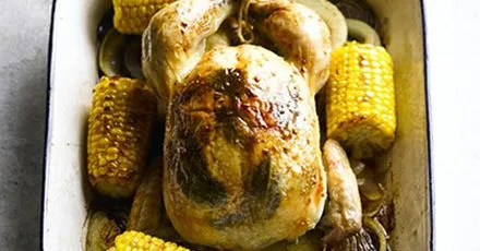 Golden roast chicken with sweetcorn, sage & garlic