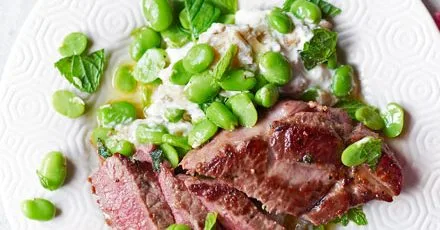 Greek lamb with smoked aubergine & minty broad beans