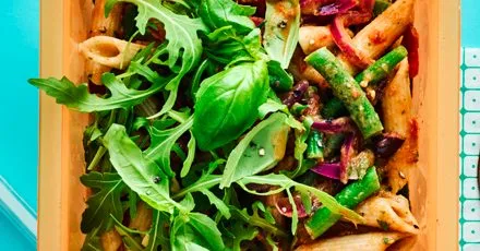 Green bean & penne salad with tomato and olive dressing