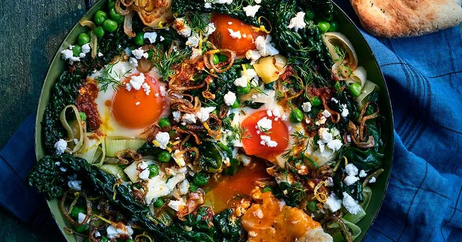 Green shakshuka with harissa & crispy shallots