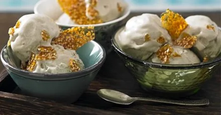 Green tea frozen yogurt with sesame brittle shards