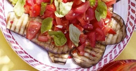 Grilled aubergine & tomato salad