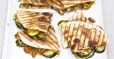 Grilled courgette, bean & cheese quesadilla