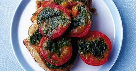 Grilled pesto tomatoes on toast