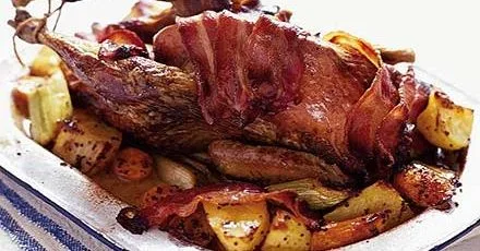 Guinea fowl with mustard & lemon roots
