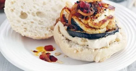 Halloumi aubergine burgers with harissa relish
