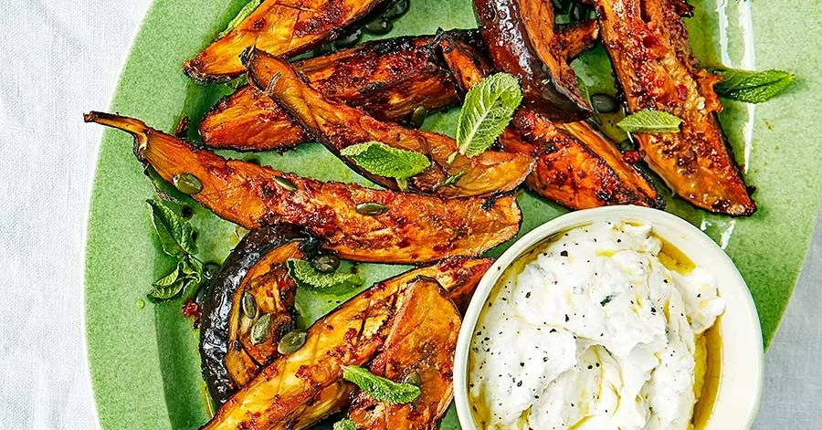 Harissa aubergine wedges with tahini & mint yogurt